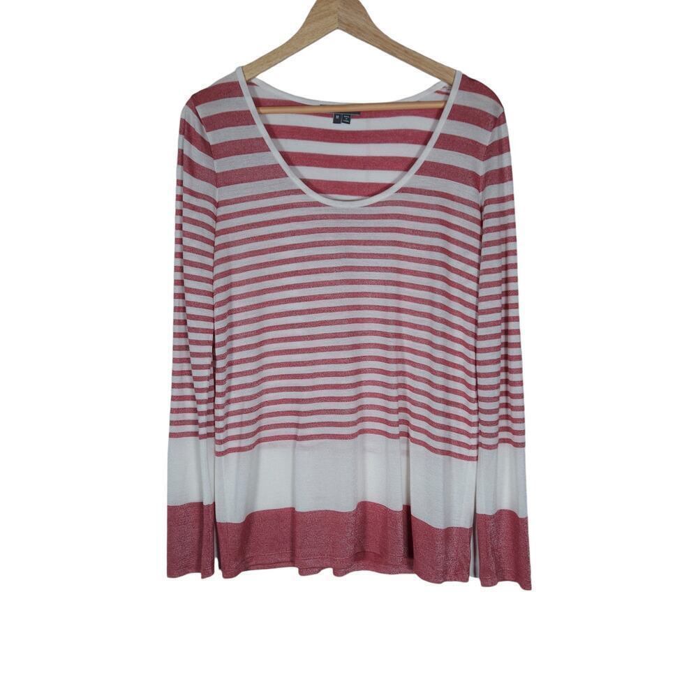 Vince Womens Top Medium Red White Striped Long Sleeve Scoop Neck Relaxed Fit